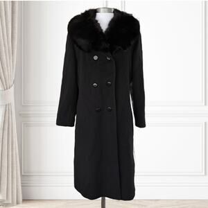 Vintage Lorendale Luxe Black Wool Fur Collar Long Coat Large DoubleBreasted Long